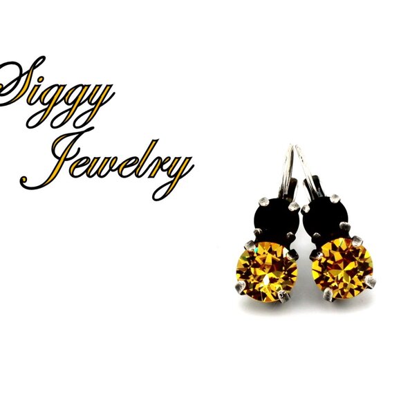 Double Drop Earrings made with Genuine Swarovski Crystals, Yellow and Black - Picture 3 of 8